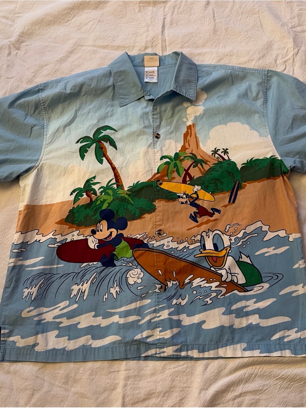 Vintage Disney StoreHawaiian Shirt Surf Volcano Mickey, Donald and Goofy
